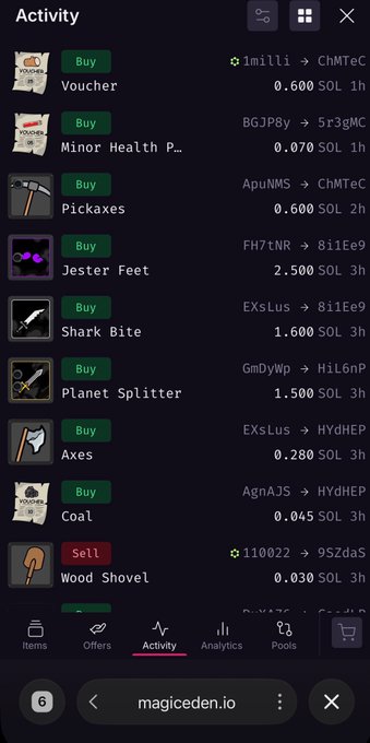 A mobile interface for magicEden.io showing an Activity tab with a list of buy and sell orders for various in-game items like Voucher, Pickaxes, and Shark Bite priced in SOL.