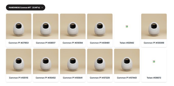 The image shows a collection grid of "MANEKI NEKO Common NFT" tokens (#27853-#39872), featuring mostly white lucky cat figurines with a few broken image icons. This relates to the post by displaying the user's recently remembered collection of 10 common NFTs acquired through the newly launched SyFu mainnet beta.