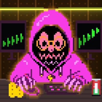 A pixel art image of a skeletal figure wearing a pink hooded robe, typing on a keyboard with two monitors displaying green candlestick charts in the background.