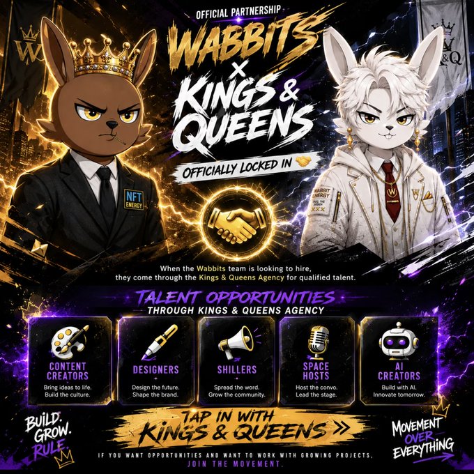 A promotional graphic announcing an 'OFFICIAL PARTNERSHIP' between WABBITS and KINGS & QUEENS, featuring two anthropomorphic characters (a dog in a suit and a wolf in a white coat) and listing talent opportunities: Content Creators, Designers, Shillers, Space Hosts, and AI Creators.