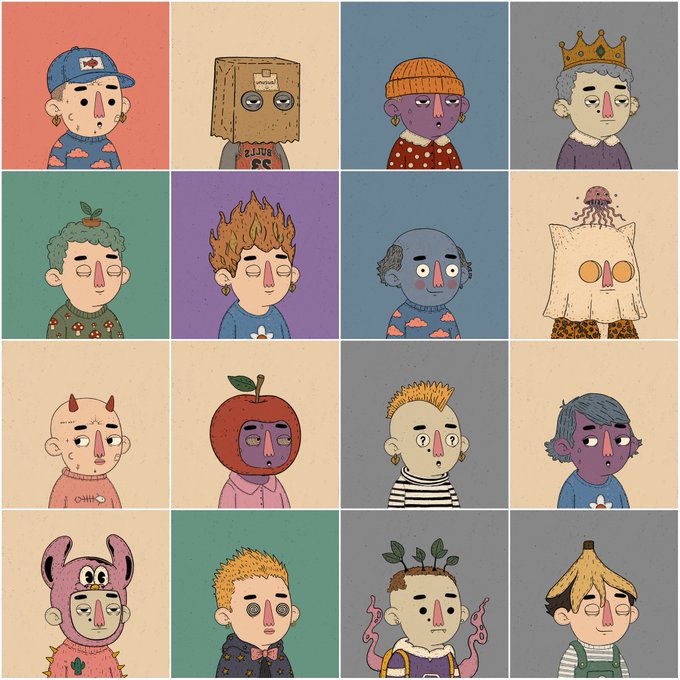 A 4x4 grid of cartoon character illustrations with various whimsical features like crowns, horns, apple heads, and monsters, displayed against colored backgrounds.