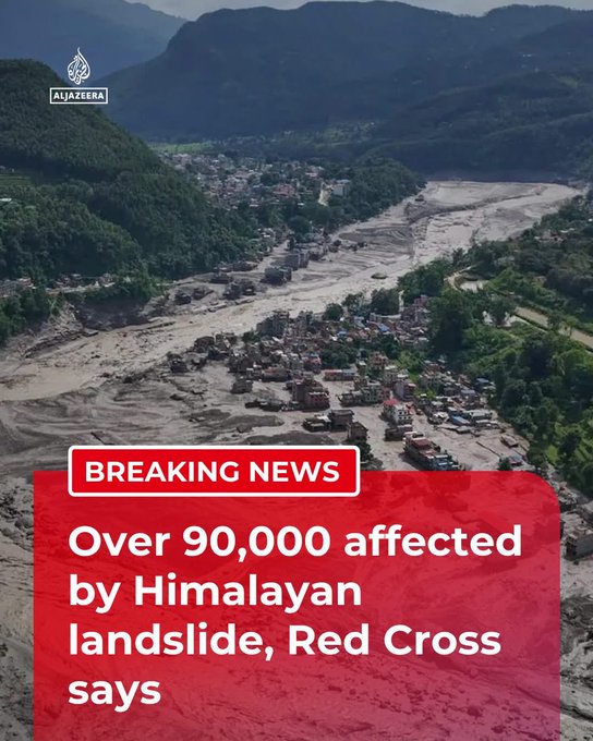 An Al Jazeera breaking news screenshot shows an aerial view of a devastated village in a mountainous Himalayan region with mud and debris covering the landscape, with a red banner reading 'BREAKING NEWS: Over 90,000 affected by Himalayan landslide, Red Cross says'.