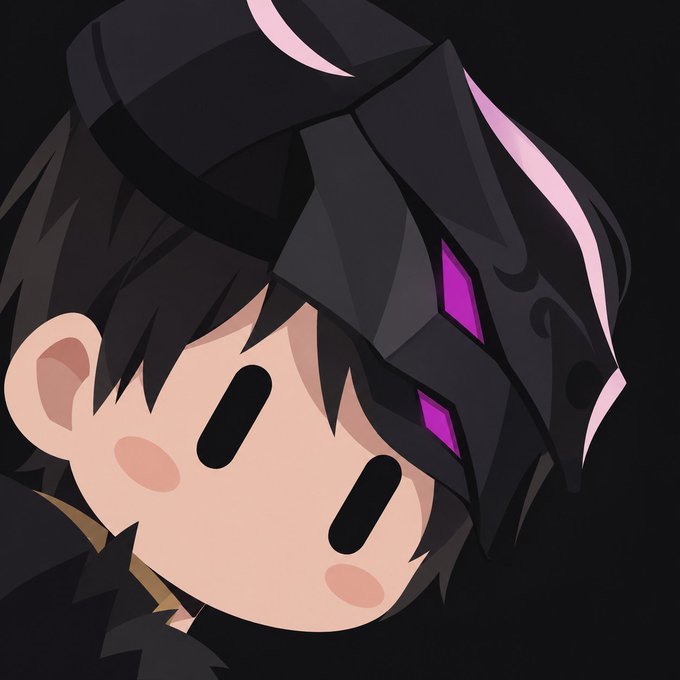An anime-style chibi character with a stylized black hair design featuring purple glowing accents and pink highlights, set against a dark background.