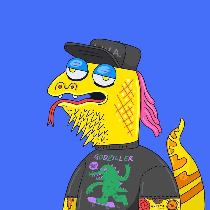 A cartoonish yellow reptilian creature wearing a black cap and t-shirt appears against a blue background, with "GODZILLER" written on the shirt above a green Godzilla-like character on a skateboard. The shirt also features "GROTTO" text with a sun graphic, tying into the GM (Good Morning) Wednesday post from @creepz in a playful, streetwear-art style.