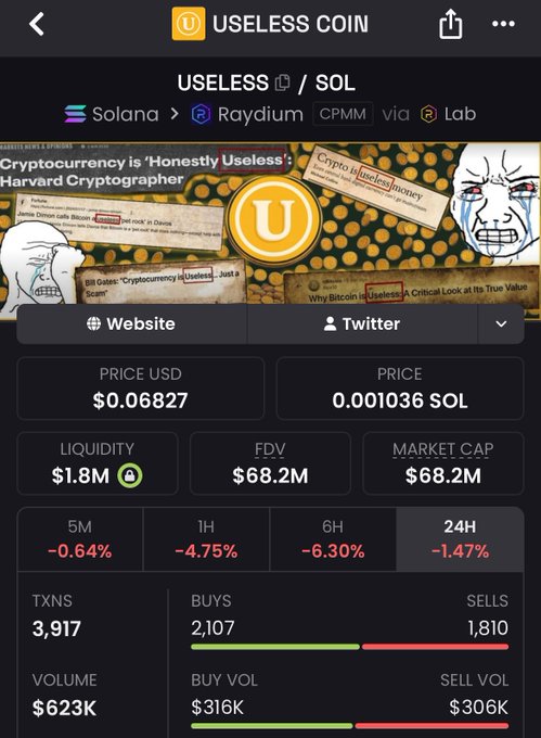 A DexScreener page showing USELESS/SOL trading at $0.06827 (down 1.47% over 24H) with a $68.2M market cap, $1.8M liquidity, and $623K in volume—capturing the moment someone boasts about calling the bottom on the meme coin they recommended.