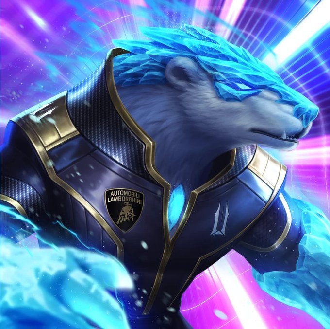 An anthropomorphic lion with a crystalline icy-blue mane wears sleek black and gold armor featuring an "Automobili Lamborghini" emblem, channeling the speed and luxury of the brand against a vibrant cosmic purple and pink backdrop, reflecting the excitement of Lamborghini's partnership with Illuvium in the Motorverse Cup competition.