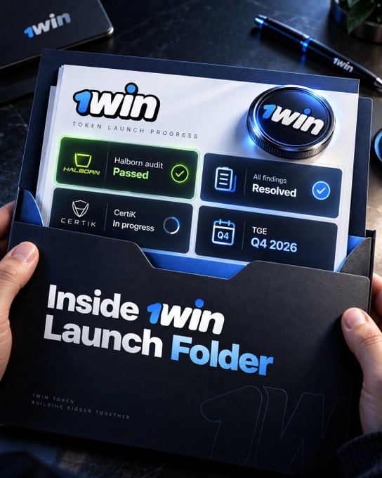 A promotional graphic titled 'Inside 1win Launch Folder' displaying a token launch progress dashboard for '1WIN TOKEN', noting Halborn audit Passed, findings Resolved, Certik In progress, and TGE scheduled for Q4 2026.