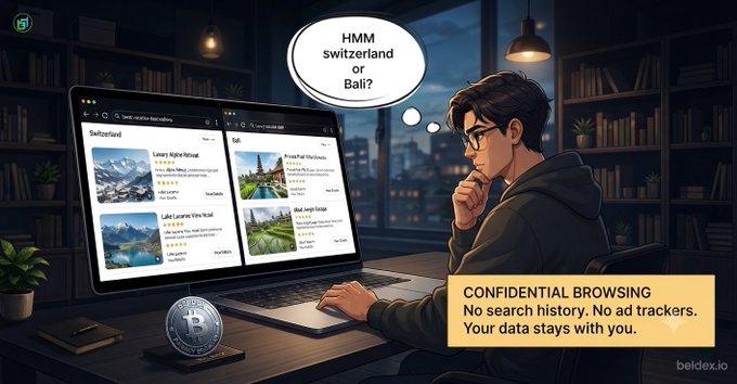 An illustrated advertisement by beldex.io showing a young man browsing a laptop with travel destinations, thinking 'HMM switzerland or Bali?', promoting 'CONFIDENTIAL BROWSING' with 'No search history. No ad trackers. Your data stays with you.'