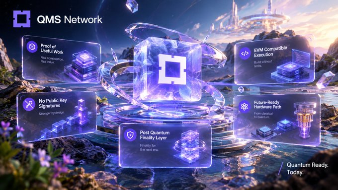 A promotional graphic for 'QMS Network' highlighting features like 'Proof of Useful Work,' 'EVM Compatible Execution,' 'No Public Key Signatures,' 'Future-Ready Hardware Path,' and 'Post Quantum Finality Layer,' with the tagline 'Quantum Ready. Today.'