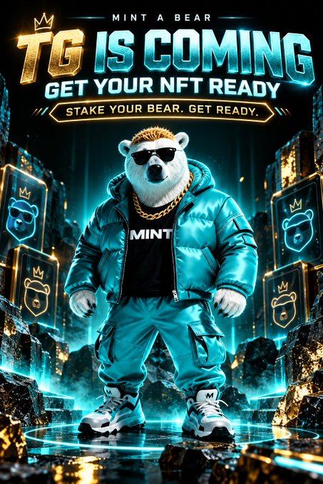 A vibrant promotional poster reading 'TG IS COMING - MINT A BEAR, GET YOUR NFT READY' featuring an anthropomorphic bear in sunglasses and a blue puffer jacket over a shirt that says 'MINT'.