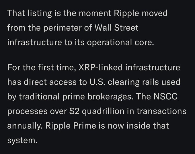 The image displays text stating that Ripple's listing marks its move from the periphery of Wall Street infrastructure to its operational core, noting that XRP-linked infrastructure now has direct access to U.S. clearing rails (NSCC, which processes over $2 quadrillion annually). The caption relates to the post by contrasting symbolic gestures—such as the DTCC meeting and XRP logo in patents—with the substantive achievement of Ripple Prime's operational integration into core U.S. clearing systems.