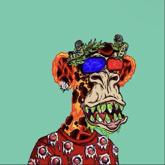 A cartoon illustration of a monstrous giraffe-like creature wearing red 3D glasses, a laurel wreath, and a red shirt covered in eyeballs, with a mushroom growing from its neck.