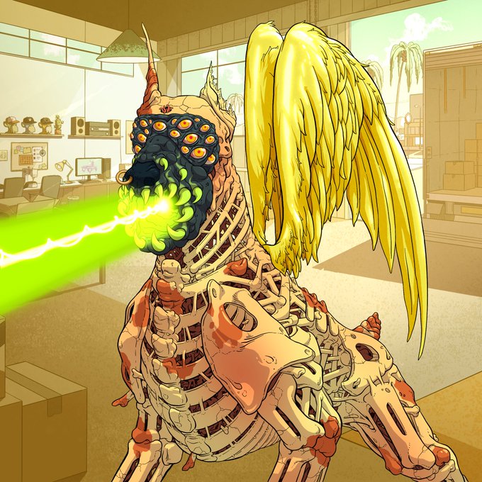 An anime-style illustration features a skeletal creature with multiple yellow eyes, golden wings, and exposed ribcage firing a bright green energy beam from its mouth in what appears to be an office setting.