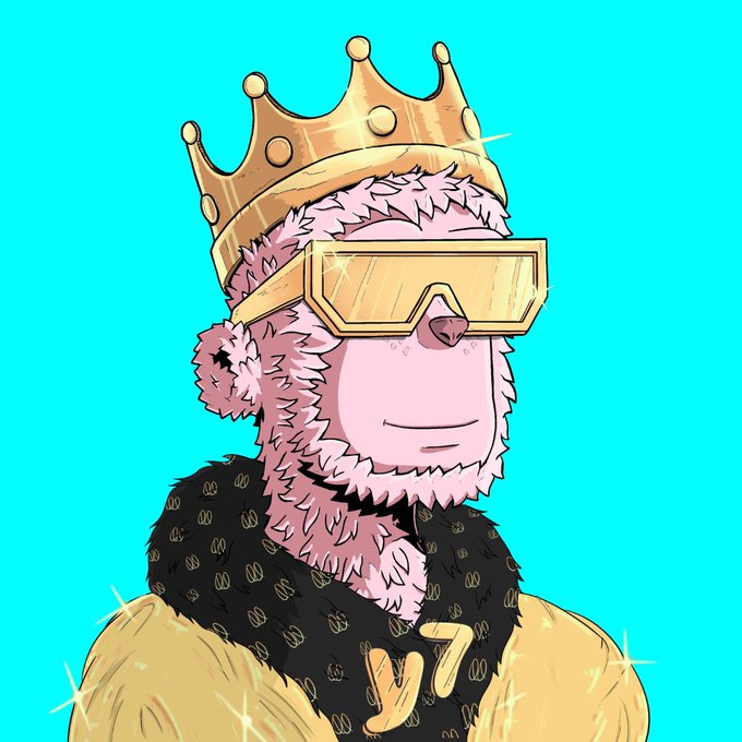 A digital illustration of a pink monkey wearing a gold crown, golden sunglasses, a black patterned bandana, and a gold chain against a bright cyan background.