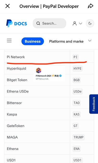 The image shows a screenshot of PayPal Developer documentation with a cryptocurrency listing, where "Pi Network" (ticker: PI) appears underlined in red at the top of the index, alongside other tokens like Hyperliquid (HYPE), Bitget Token (BGB), and Ethena USDe (USDe). This visual supports the post's claim that Pi Network's inclusion in PayPal's documentation index is being misinterpreted as official payment support, when it's actually just a token name listing.