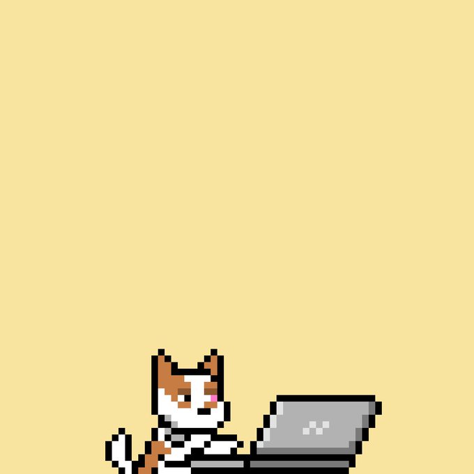 A pixel art image features a cute calico cat sitting at a laptop against a pale yellow background, symbolizing the "doing good everyday" message and welcoming energy from the GM (good morning) post to the DoginalDogs community.