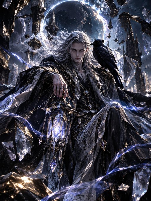 A fantasy illustration of a silver-haired male figure in dark robes seated on a throne of crystals, holding a glowing lantern with a black raven perched on his shoulder, set against a celestial backdrop with a large moon.