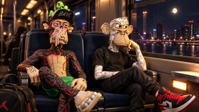 Two figures wearing elaborate monkey masks and a hat reading 'BAYC' sit in blue train seats at night, with a city skyline visible through the window.