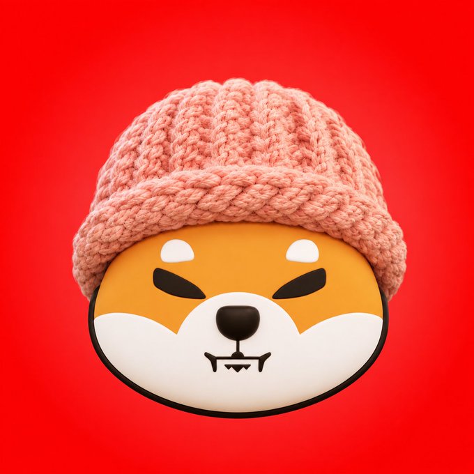 A cartoon Shiba Inu dog face with a mischievous expression wearing a pink knit beanie against a solid red background.