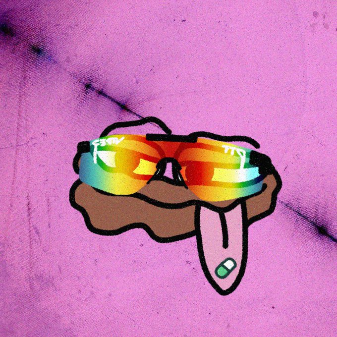 A hand-drawn, cartoonish figure with rainbow-striped sunglasses and a long tongue sticking out (showing a green pill on it) is printed on a purple fabric background. The artwork represents the meme-style branding of the $MON token, visually embodying the playful, community-driven "organic demand" narrative described in the post.