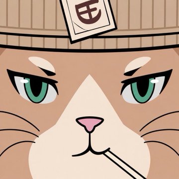 A close-up illustration of an orange tabby cat with green eyes wearing a beige beanie featuring a currency symbol, with a cigarette in its mouth.