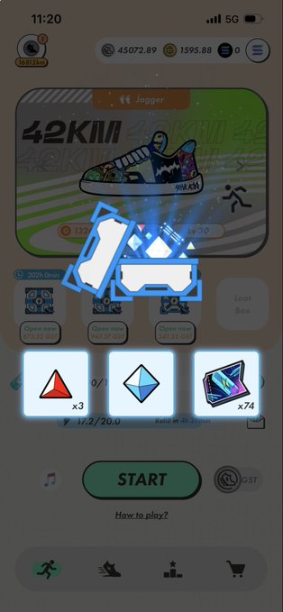 A smartphone screen shows a fitness app with a '42KM' jogger event, in-game currency balances (45072.89 and 1595.88), and a 'START' button.