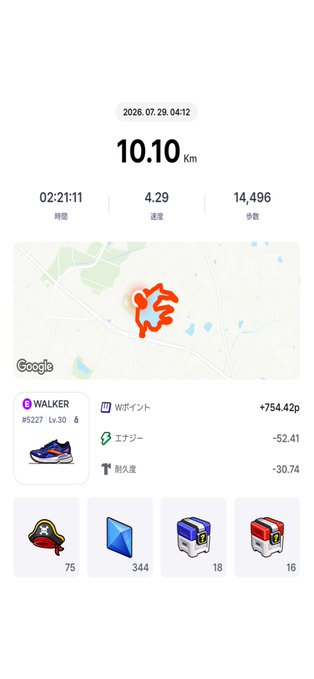 Fitness app screenshot showing a 10.10 km walk on 2026.07.29 taking 02:21:11 at 4.29 speed, with a '+754.42p' score, WALKER rank, and collected items.