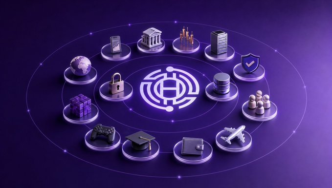 A purple-themed digital graphic showing various icons connected in a circular network around a central globe symbol, including a bank, lock, graduation cap, game controller, airplane, and shield.