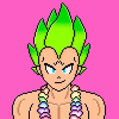 A pixel art character with bright green flame-like hair, blue eyes, and decorative beaded necklaces against a pink background.
