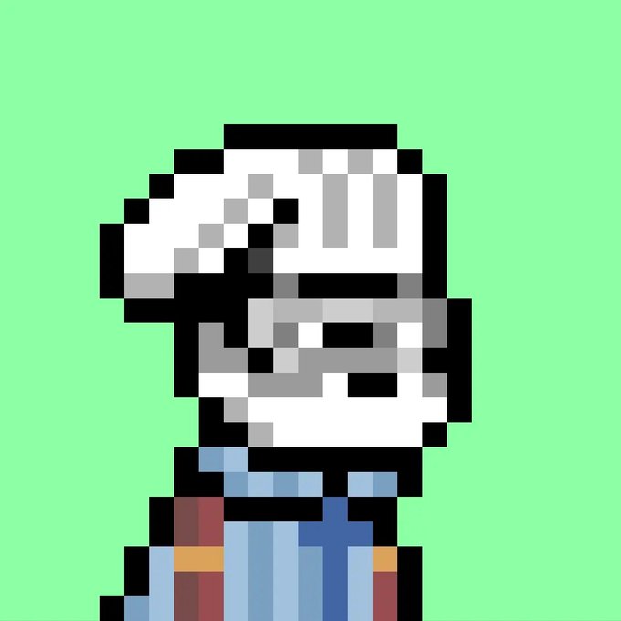 A pixel art illustration of a character resembling Mario wearing a white chef's hat and a blue outfit with a red apron, set against a solid light green background.