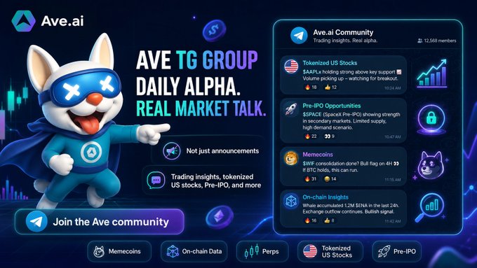 The image shows a poster for Ave TG Group's Daily Alpha strategy. The poster features a cartoon cat wearing a blue mask with "Ave" written above its eyes, pointing towards the text that reads "Ave TG Group Daily Alpha Real Market Talk". The poster also includes various icons and logos related to trading strategies and market analysis tools.

The image is accompanied by a caption that provides information about Ave's strategy for analyzing markets and investing in tokenized U.S. stocks, as well as other financial instruments like meme coins and Pre IPOs. This information helps the viewer understand what Ave TG Group offers and how it can be used to make informed investment decisions.
