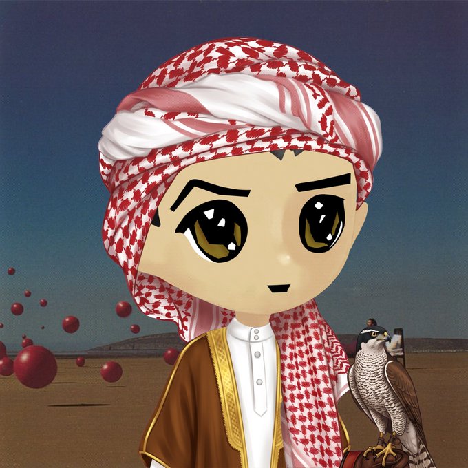 A cartoon chibi character wearing a traditional red and white keffiyeh and brown thobe stands in a desert landscape, holding a falcon. The image ties to the post by introducing a "hoodi" themed NFT character, likely a play on the Hedera (Hedios/Hoodilios) crypto community, with the falcon and Arab attire hinting at the upcoming OpenSea collection.