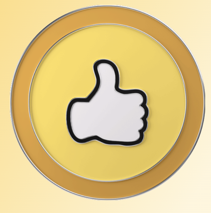 A simple 3D-rendered thumbs-up icon (like/approval symbol) in white and black, centered on a yellow circular badge with an orange ring border.