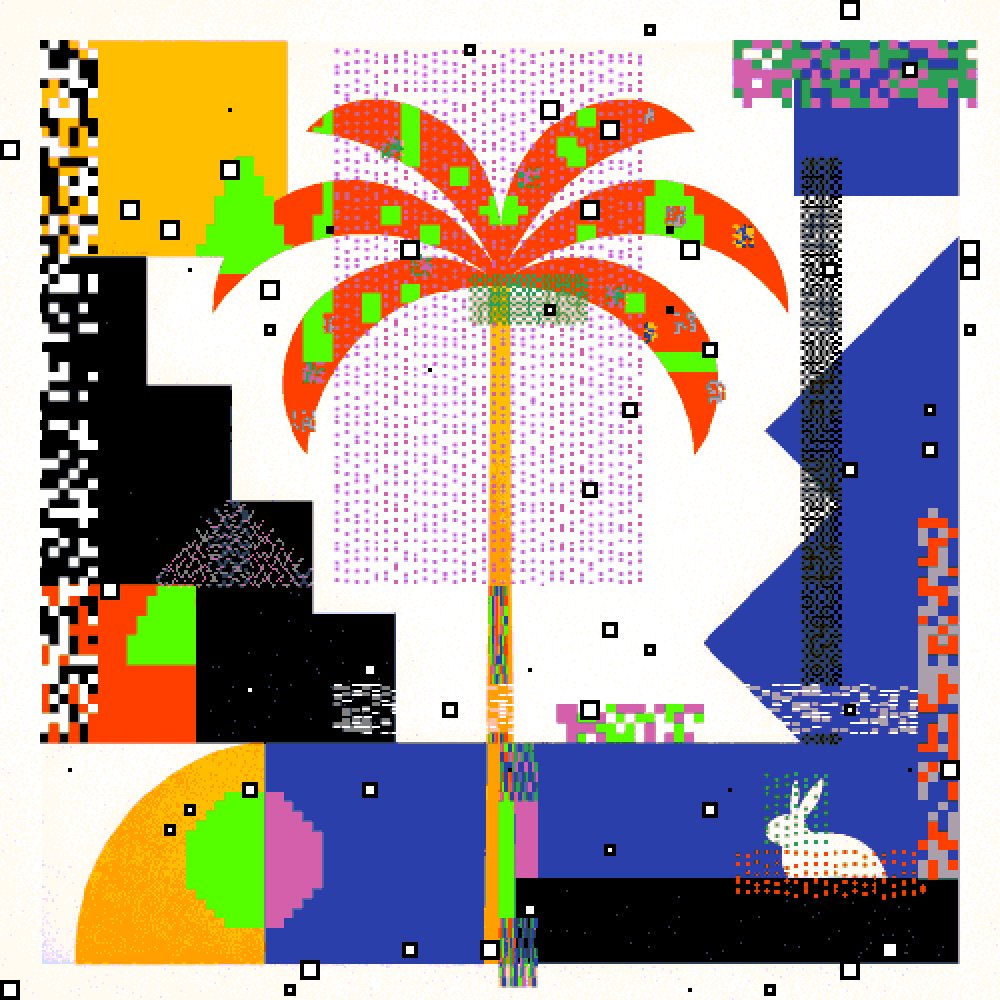 The image features a vibrant digital art piece that includes a palm tree with a bird perched on one of its branches. The background consists of various shapes and colors, creating an abstract and visually appealing composition. The artist's signature can be seen at the bottom right corner of the image.