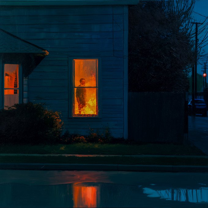 A silhouetted figure stands framed in a window glowing with warm amber light, surrounded by deep blues of a rainy twilight, their glow reflecting off a puddle on the street below—visually embodying the quiet isolation of "suffering in silence."