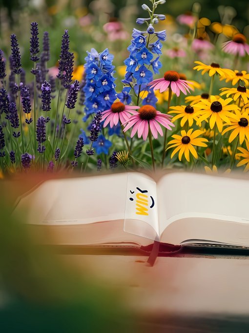 An open book with a 'Mint' bookmark in front of a colorful flower garden featuring lavender, blue delphiniums, pink coneflowers, and yellow black-eyed Susans.