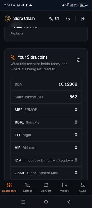 A screenshot of the Sidra Chain app dashboard shows a restored account balance of 10.12302 SDA and 562 Sidra Tokens (ST), confirming the post's announcement that miners' main balances have returned to their accounts.