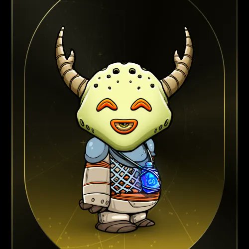 A cartoon-style NFT character with a horned helmet, smiling face, and futuristic armor holding a blue orb, set against a dark background.