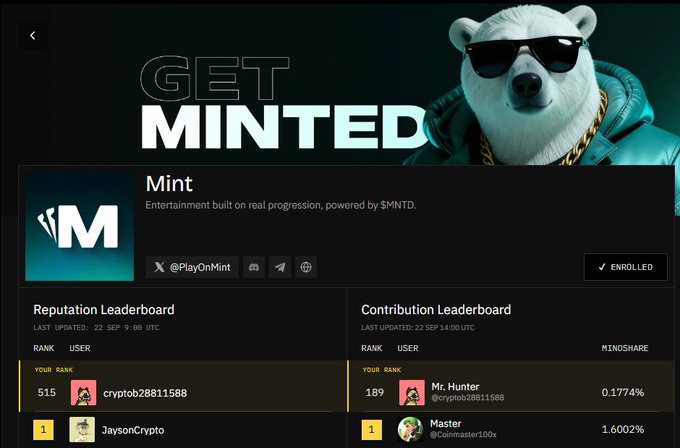 A digital interface titled "GET MINTED" featuring a polar bear mascot in sunglasses, displaying the Mint platform with Reputation and Contribution Leaderboards showing users like "JaysonCrypto" and "Mr. Hunter."