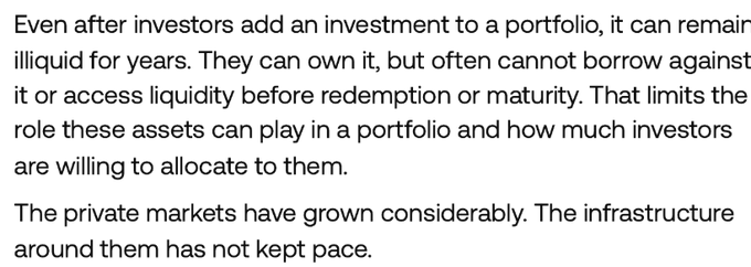 The image displays text discussing the illiquidity of private market investments, noting that even after investors add an investment to a portfolio, it can remain illiquid for years, limiting how much they're willing to allocate to such assets. It also states that while private markets have grown considerably, the infrastructure around them has not kept pace—directly supporting the post's message about Kamino's CEO appointment and bullish stance on tokenizing private markets onchain.
