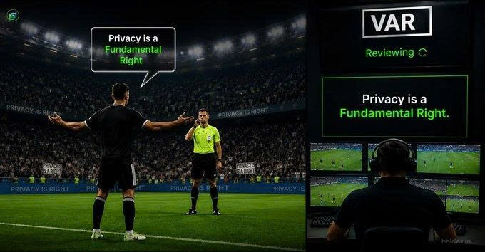 A split-panel digital illustration depicting a soccer referee with a speech bubble reading "Privacy is a Fundamental Right," contrasted with a VAR review monitor on the right displaying the same message.