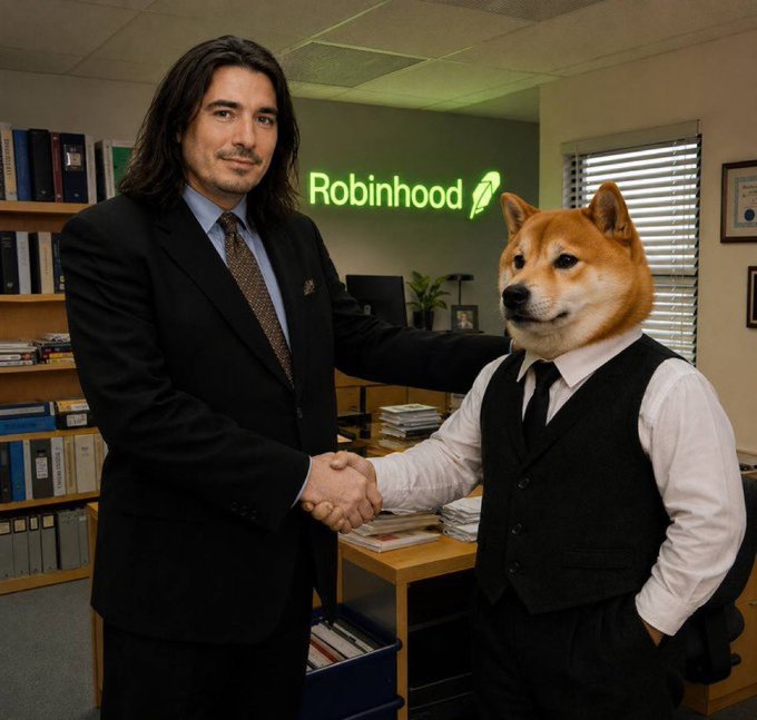 An AI-generated or photoshopped image of a long-haired man in a suit shaking hands with a figure wearing a Shiba Inu dog mask and business attire, standing in an office with a glowing 'Robinhood' sign on the wall.