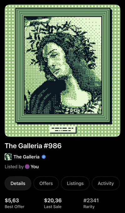 An NFT listing page for 'The Galleria #986' by The Galleria, displayed in a green pixel-art frame with a Mona Lisa-inspired portrait, showing a Best Offer of $5.63, Last Sale of $20.36, and Rarity #2341.
