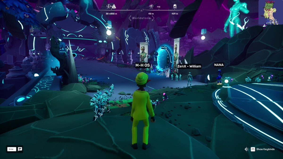 A green-skinned avatar in a yellow outfit explores the neon-lit Worldstone plaza in OthersideMeta, with nearby players labeled M-H OS, ZenX - William, and NANA visible under distance markers of 39m, 49m, and 491m. The vibrant purple and teal sci-fi environment with glowing statues and a "F1 Show Keybinds" prompt reflects the immersive gameplay mentioned in the Day 71 post about completing The Tower Reclaimed and visiting the Plaque Biome.