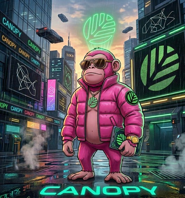 A stylish pink-furred monkey wearing sunglasses and a puffer jacket stands in a neon-lit cyberpunk cityscape, surrounded by "CANOPY" signage and the CNPY logo (a green leaf emblem), visually personifying the CNPY Network project highlighted in the post. The image reinforces the post's thesis by branding the L1's "hard work" solution as a bold, confident presence on the blockchain landscape, with capped supply (504M), block rewards (80 CNPY), and restaking validators symbolizing the project's structured design.