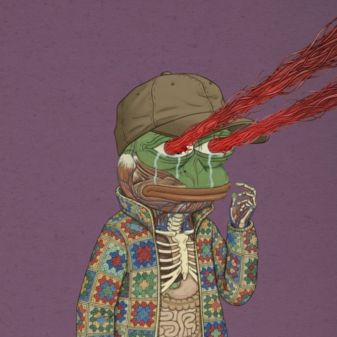 An illustration of a Pepe the Frog character crying blood-red laser beams from its eyes, wearing a cap and a colorful patchwork jacket, revealing skeletal and anatomical features on its chest.