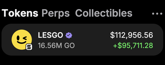 The image shows a cryptocurrency wallet display featuring the token "LESGO" with a verified checkmark, showing a balance of 16.56M GO valued at $112,956.56 with a gain of +$95,711.28 in green. The accompanying post promotes an airdrop or giveaway, with the wallet image serving as proof of significant earnings to entice users to share their Solana addresses for a potential token distribution.