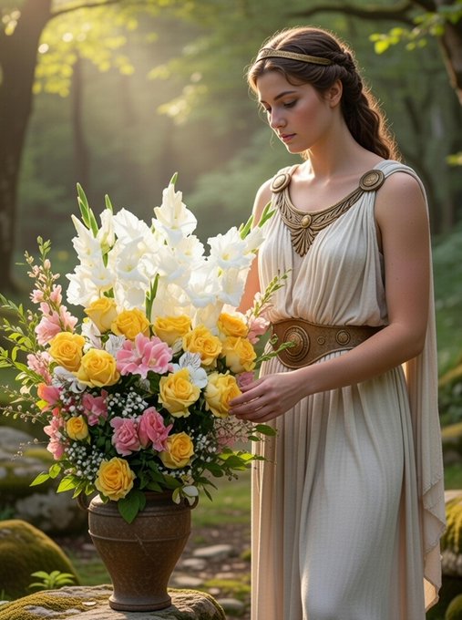 An AI-generated image depicts a woman in a classical white gown with gold trim arranging a bouquet of white, yellow, and pink flowers in an ornate vase within a sunlit forest.