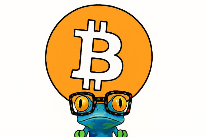 A cartoon frog wearing orange-tinted sunglasses, with an orange circular logo above its head displaying the white Bitcoin '₿' symbol.