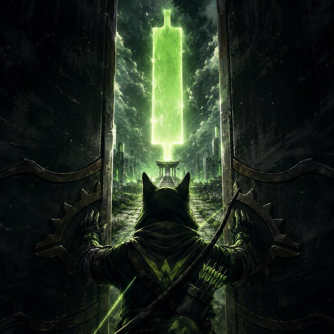 A hooded fantasy archer with cat-like ears stands before massive doors that open to reveal a glowing green monolithic tower against a stormy sky.